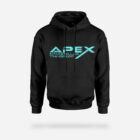 Black pullover Hoodie with Apex Interstellar Transport logo in teal blue front