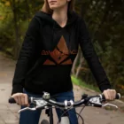Woman wearing Black pullover Hoodie with Bank of Zaonce logo in orange front