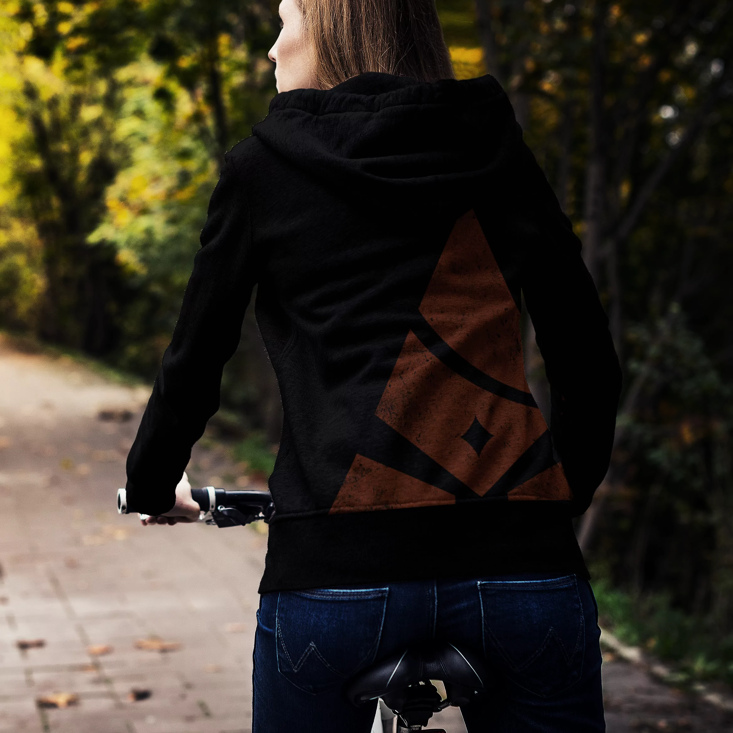 Woman wearing Black pullover Hoodie with Bank of Zaonce logo in orange back