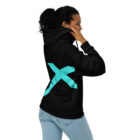 Woman wearing Black Zip Hoodie with Apex Interstellar Transport logo in teal blue back