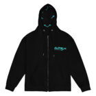 Black Zip Hoodie with Apex Interstellar Transport logo in teal blue back
