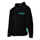Black zip Hoodie with Apex Interstellar Transport logo in teal blue front