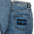Pair of jeans with embroidered Apex Interstellar Transport logo in blue on back pocket