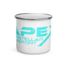 Mug with stainless steel brim and Apex Interstellar Transport logo in teal blue front view