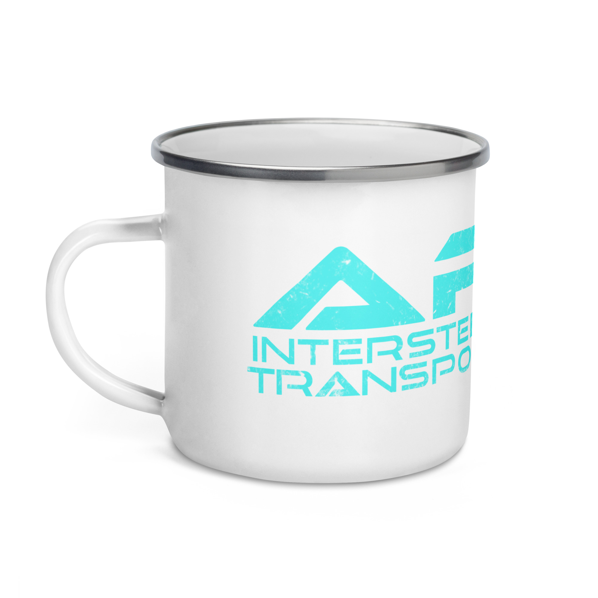 Mug with stainless steel brim and Apex Interstellar Transport logo in teal blue right side view