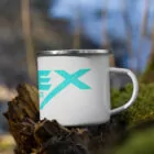 Mug with stainless steel brim and Apex Interstellar Transport logo in teal blue left side view on log