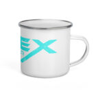 Mug with stainless steel brim and Apex Interstellar Transport logo in teal blue left side view