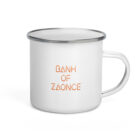 Mug with stainless steel brim and Bank of Zaonce logo in orange left side view