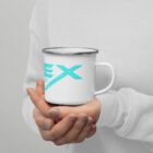 Woman holding Apex Interstellar Transport Enameled Mug with teal logo and stainless steel brim
