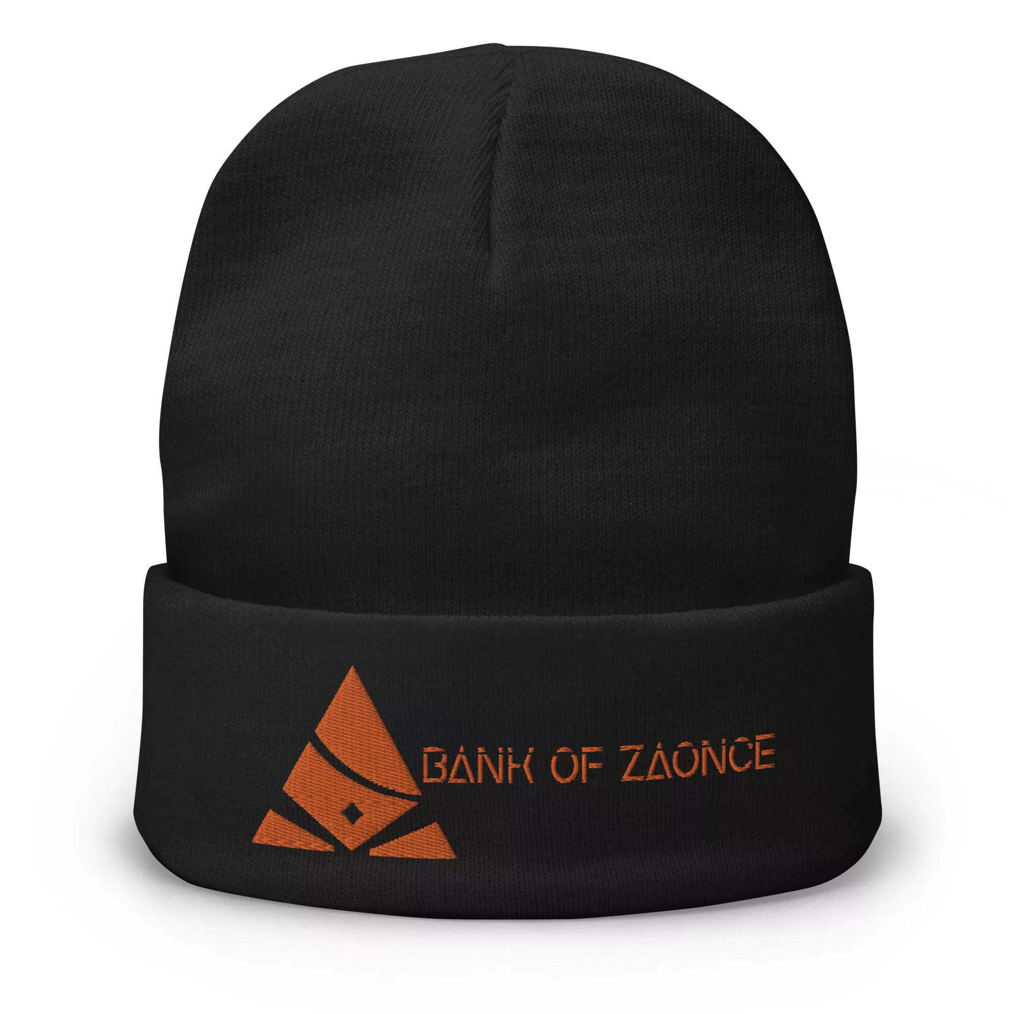 Black knit beanie with Bank of Zaonce logo embroidered in orange