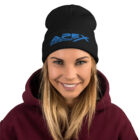 Woman wearing Black Beanie with Embroidered logo of Apex Interstellar Transport front view.
