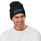 Man wearing Black Beanie with Embroidered logo of Apex Interstellar Transport front view.