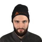 Man wearing Black Beanie with orange Embroidered logo of Bank of Zaonce front view.