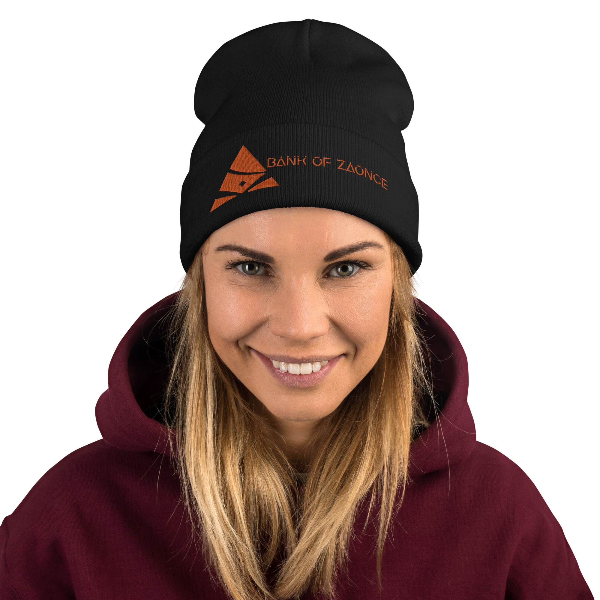 Woman wearing Black Beanie with orange Embroidered logo of Bank of Zaonce front view.