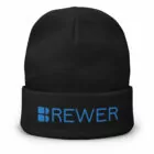 Black beanie with Brewer Corporation logo embroidered on the front in blue