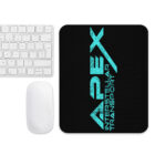Black mousepad with Apex Interstellar Transport logo in teal blue next to keyboard and mouse
