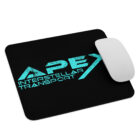 Black mousepad with Apex Interstellar Transport logo in teal blue with mouse on it.