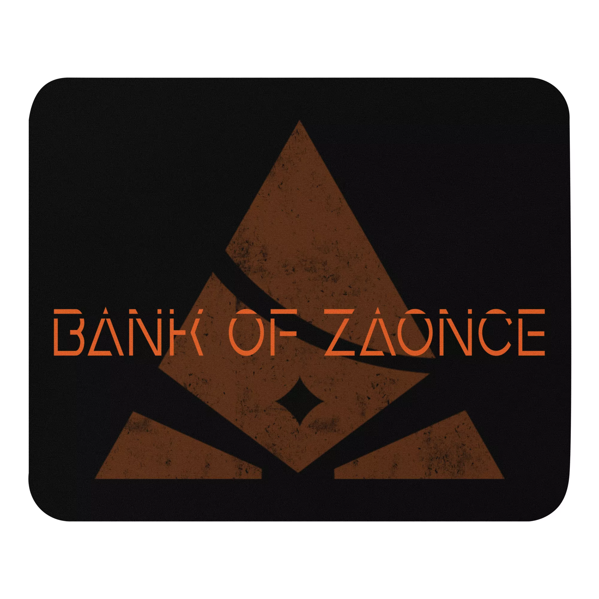 Black mousepad with Bank of Zaonce logo in orange