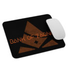 Black mousepad with Bank of Zaonce logo in orange with mouse on it.