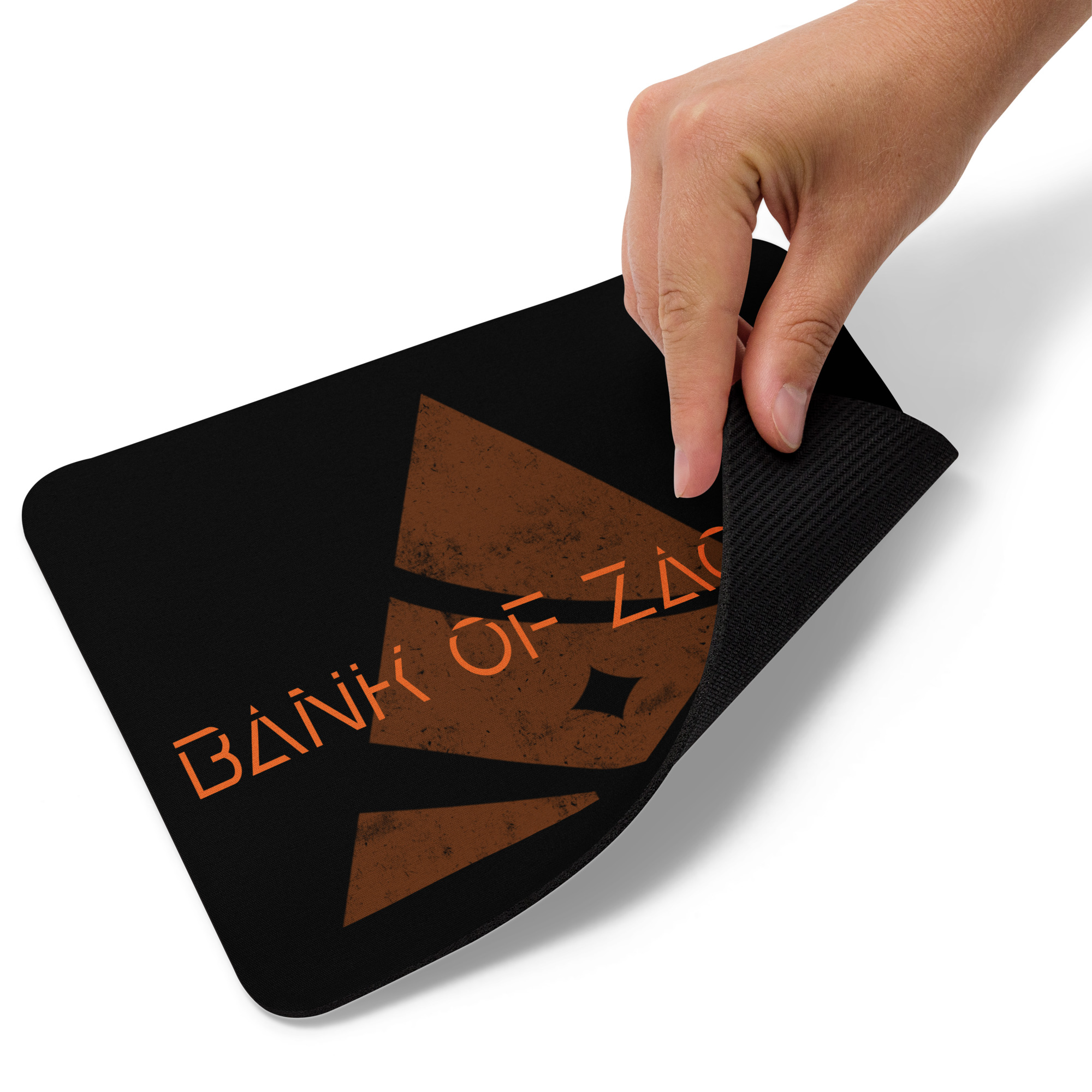 Black mousepad with Bank of Zaonce logo in orange hand pulling up corner